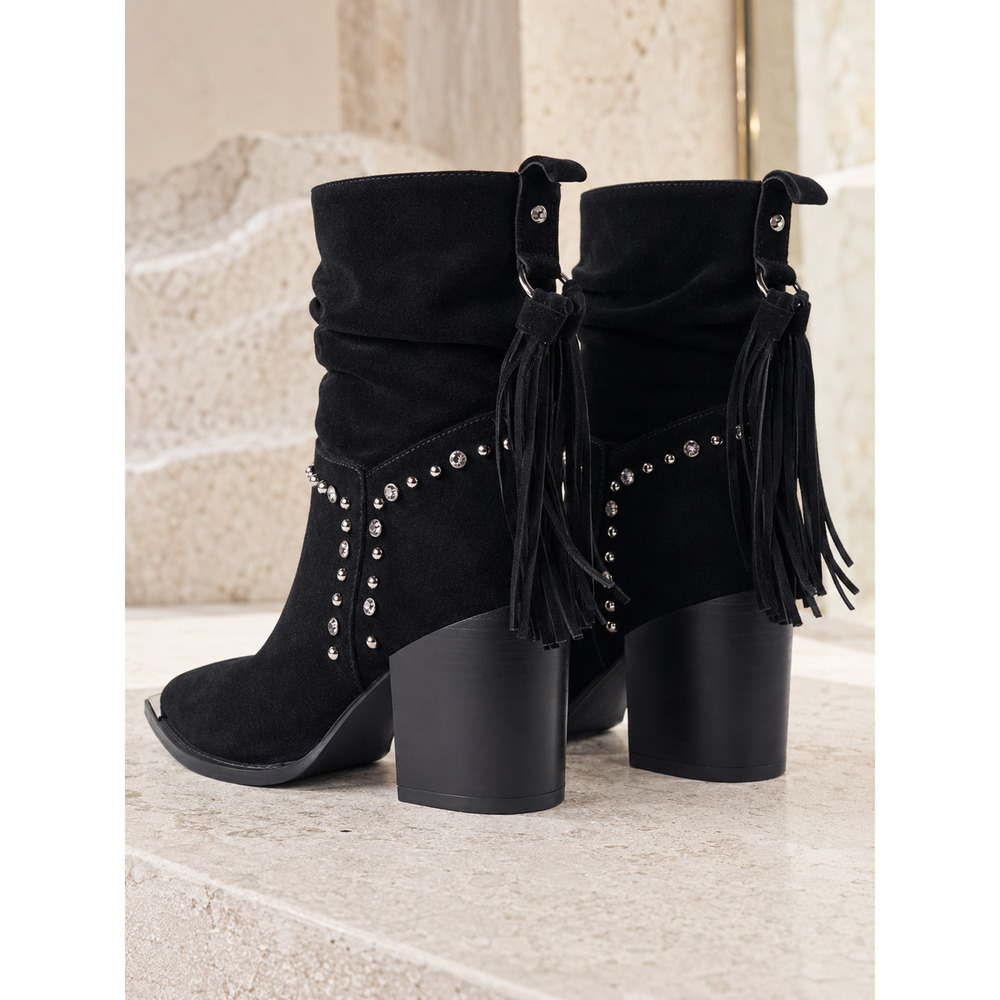 VENUS Women’s 6M Black Fringe Rhinestone Studded Pointed Toe Ankle Boots - Picture 9 of 10